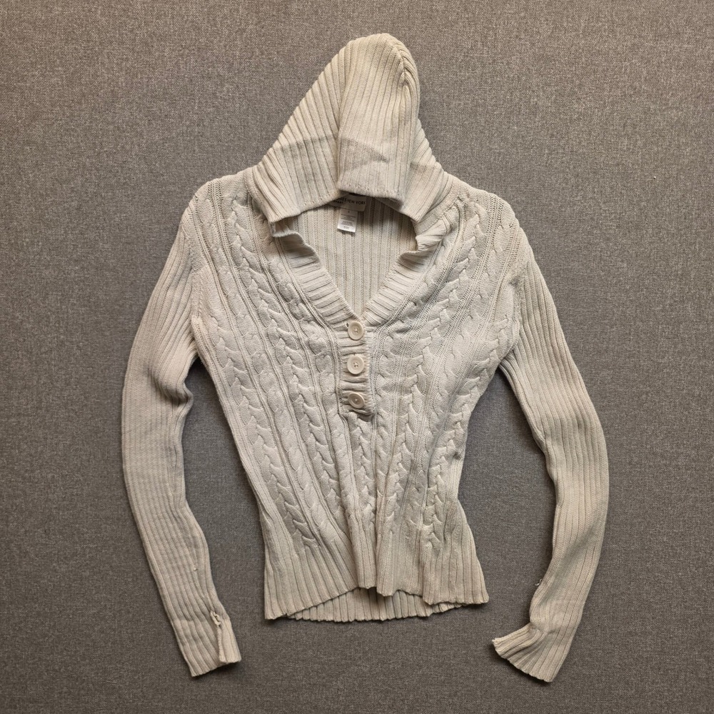 Jones New York Sport Womens Small Cream Cable Knit Hooded Henley Sweater